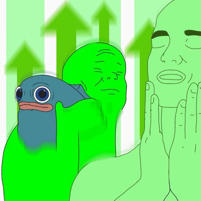 A meme image featuring a sad Wojak, a green Pepe character, and a sad bird wearing Pepe-like clothing, with green upward arrows in the background indicating a price rise.