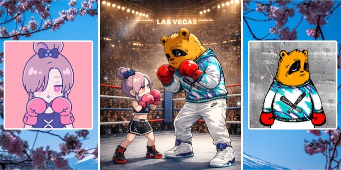 A triptych showing a cartoon girl with pink hair and boxing gloves facing a bear mascot in a Las Vegas boxing ring, with cherry blossom branches framing the collage.
