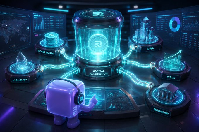 A futuristic 3D illustration shows a purple character managing capital allocation across interconnected holographic nodes labeled 'STABLECOIN,' 'RWA,' 'YIELD,' 'TREASURY,' and 'LIQUIDITY,' with an 'R' logo at the center.