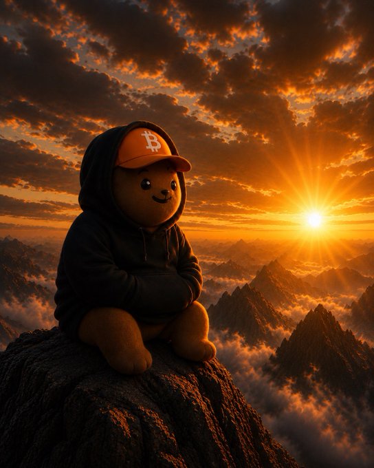 A teddy bear wearing a black hoodie and an orange Bitcoin cap sits on a rocky peak against a dramatic orange sunset sky above the clouds.