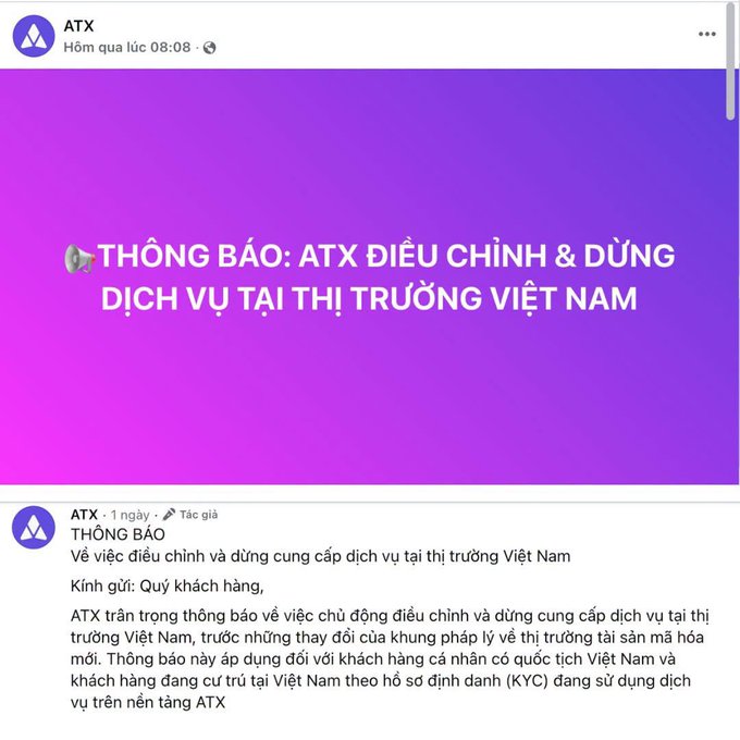 An announcement from ATX in Vietnamese about adjusting and suspending services in the Vietnam market due to changes in cryptocurrency regulations.
