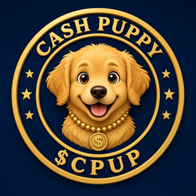 A gold and navy blue circular emblem featuring a cartoon golden puppy wearing a pearl necklace with a '$' medallion, labeled 'CASH PUPPY' on top and '$CPUP' on the bottom.