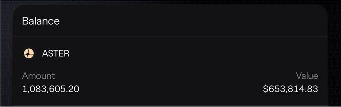 A cryptocurrency wallet interface displaying an ASTER token balance of 1,083,605.20 with a value of $653,814.83.