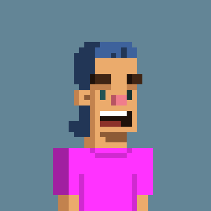 A pixelated portrait of a smiling character with blue hair and a pink shirt, serving as the first CypherPunk NFT (#1), is now live for auction at cypherpunks.art with no reserve, running for 24 hours as part of a daily onchain art series continuing until 2053.