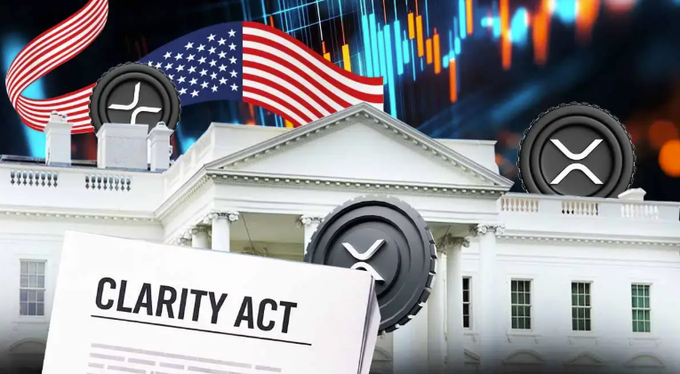 A graphic depicting the White House, American flag, XRP coins, and a document titled 'CLARITY ACT' against a financial chart background.