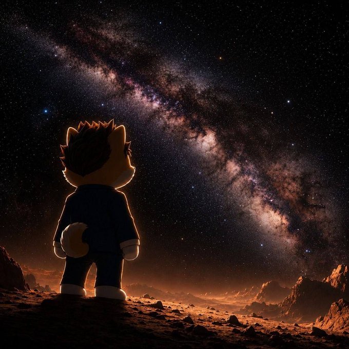 A stylized cartoon character with fox-like features stands on a rocky, rust-colored Martian landscape, gazing up at the brilliant Milky Way stretching across the night sky. The image captures the protagonist's destiny, gazing at the stars that guide their journey home to Mars.
