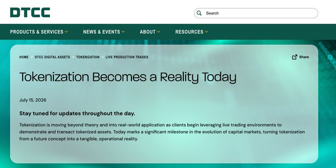 A screenshot of the DTCC website shows the headline "Tokenization Becomes a Reality Today" dated July 15, 2026. This aligns with the post's announcement of tokenization becoming a reality today on the Stellar rails with $XLM.