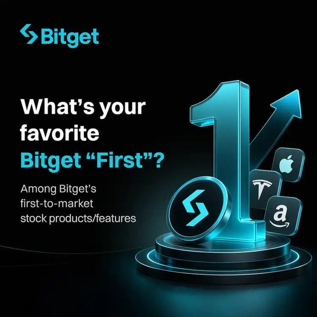 Bitget promotional graphic asking 'What's your favorite Bitget "First"? Among Bitget's first-to-market stock products/features' alongside a large '1' graphic and logos for Apple, Tesla, and Amazon.