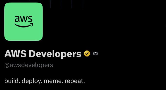 A mock-up of an X (formerly Twitter) profile for 'AWS Developers' (@awsdevelopers) with the bio 'build. deploy. meme. repeat.'.
