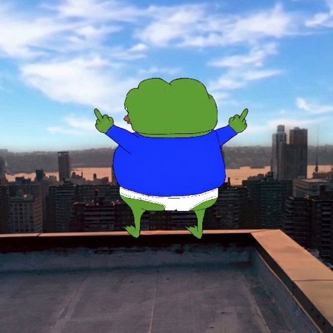 A cartoon frog in a blue shirt and white underwear stands triumphantly on a rooftop with arms raised, overlooking a city skyline under a partly cloudy sky—channeling carefree, good-vibes energy to match the "Gud morning, Happy Taco day, Stay Safu, Stay hydrated" message.