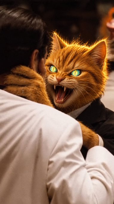 A digital illustration of a person from behind embracing a snarling orange cat with glowing green eyes and bared fangs.