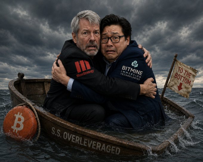 The image shows a scene with two men sitting together in a small boat in a body of water surrounded by clouds or stormy skies. The boats are filled with water, adding to the overall gloomy atmosphere. In the background, there's an orange object that appears out of place and unrelated to the main focus. The main subject is the man on the left side of the image, who has his arm around another man sitting on his right, creating a sense of closeness between them. The text in the image reads "can't blame these two for the entire state of the market," indicating that there's some sort of connection or responsibility being attributed to these individuals even though it may not be entirely accurate.