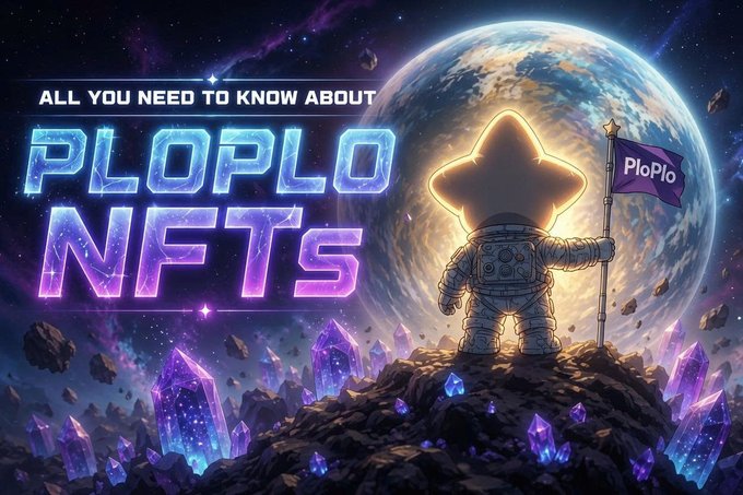 A space-themed promotional graphic titled 'ALL YOU NEED TO KNOW ABOUT PLOPLO NFTS' featuring a glowing star-shaped astronaut holding a purple 'PloPlo' flag with Earth and purple crystals in the background.