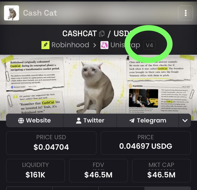 The image shows a CoinGecko-style price page for CashCat (CASHCAT/USD), displaying a price of $0.04704 USDG, $161K liquidity, and a $46.5M market cap, with a green circle highlighting the "V4" badge next to the Uniswap logo. This visually confirms the post's claim that $CASHCAT is deployed on Uniswap V4 hooks via Robinhood.