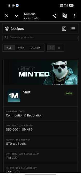 A mobile screenshot of the Nucleus platform (nucleus.codes) showing a 'Get Minted' campaign page for 'Mint' with a $50,000 in $MNTD contribution reward and GTD WL spots reputation reward.