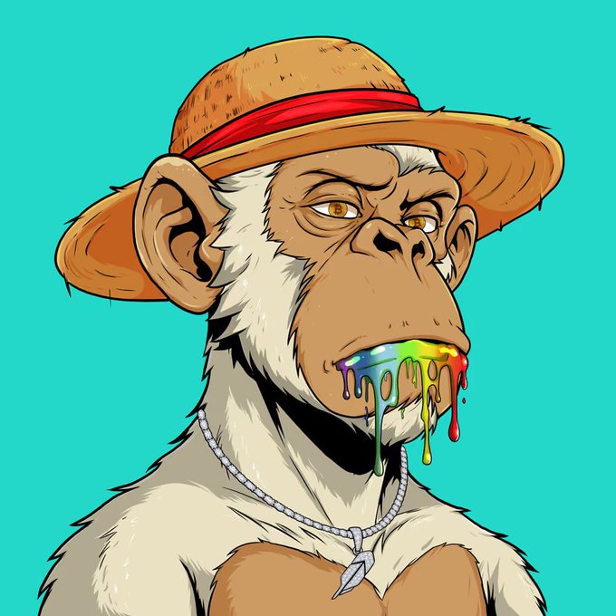 A cartoon illustration of a serious-looking monkey wearing a straw hat with a red band and a silver chain necklace, with colorful rainbow paint dripping from its mouth.