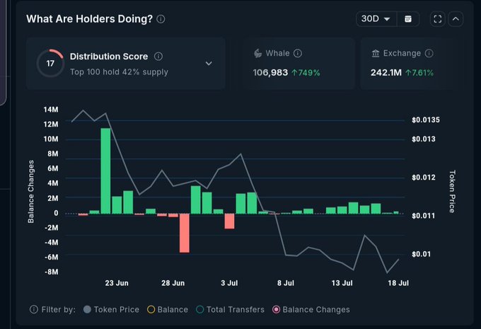 A 'What Are Holders Doing?' analytics chart over 30D showing Distribution Score 17 (Top 100 hold 42% supply), Whale activity at 106,983 (↑749%), and Exchange at 242.1M (↑7.61%), with token price declining from ~$0.0135 to ~$0.01.