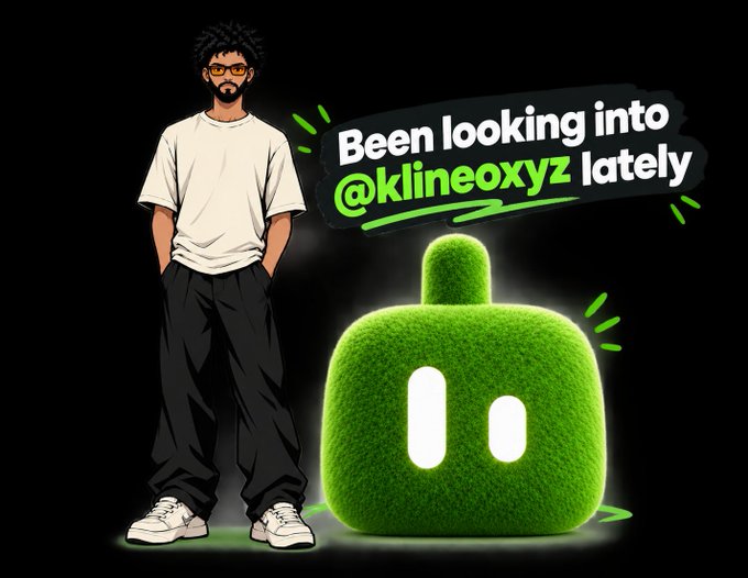 A stylized illustrated figure in a white tee and dark pants stands beside a large, fuzzy green mascot character with a rounded "0" face, against a black background. Text overlay reads: "Been looking into @klineoxyz lately," which ties to the post's focus on the KlineO platform and its all-in-one crypto trading features.