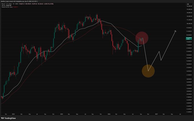 A weekly candlestick chart of NASDAQ:AAPL from 2024–2027 displays the stock's price action alongside 10-week and 100-week simple moving averages, with overlaid annotations showing a projected downward move to a lower orange circle around the 65k level before a sharp reversal upward, illustrating the post's speculation about a potential deeper flush representing true capitulation.