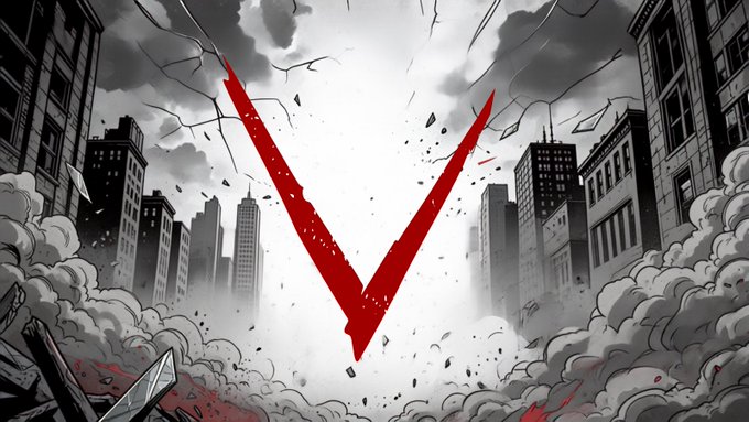 A dramatic anime/manga-style illustration featuring a large red checkmark or 'V' symbol in the center, with a destroyed cityscape, cracked sky, and rubble in the background rendered in black, white, and red tones.