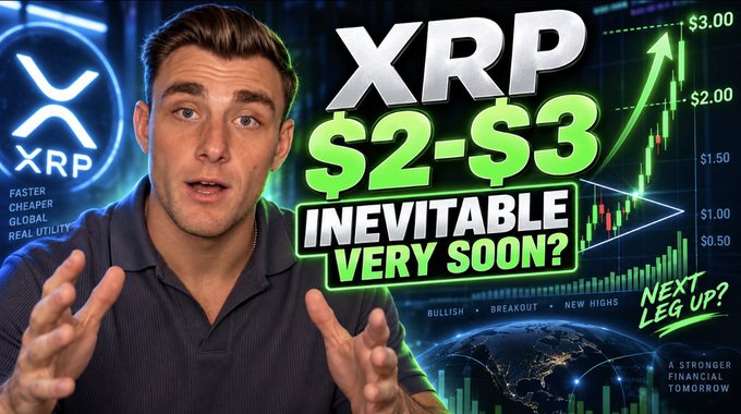 A YouTube thumbnail features a man in a dark shirt speaking directly to the camera with an animated expression, set against a high-tech background displaying the XRP logo and a candlestick price chart ranging up to $3.00. Bold text overlays read "XRP $2-$3 INEVITABLE VERY SOON?" and "NEXT LEG UP?" alongside tags like "FASTER, CHEAPER, GLOBAL, REAL UTILITY," "BULLISH • BREAKOUT • NEW HIGHS," and "A STRONGER FINANCIAL TOMORROW," visually promoting the linked video's bullish prediction that XRP's price is poised to double.