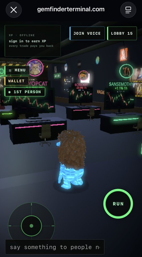A screenshot from gemfinderterminal.com showing a 3D virtual gaming environment with an avatar, stock trading displays including 'VOPCAT' and '$ANSEMOTHY', and UI elements like 'JOIN VOICE', 'LOBBY 15', 'MENU', 'WALLET', '1ST PERSON', and 'RUN'.