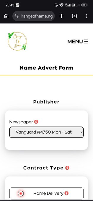 A mobile screenshot of a 'Name Advert Form' from changeofname.ng, showing a Publisher dropdown set to 'Vanguard N4750 Mon - Sat' and a Contract Type option for 'Home Delivery'.