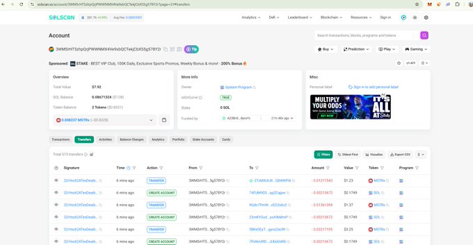 A Solscan account page for the address "3oWxSmH7…DpC" shows a wallet with a balance of 0.08671824 SOL ($7.92 total value) and 0 SOL of $SOL held, tagged with the ticker "$STME" and referencing Solscan and 2001 Bonuses. This supports the post by providing on-chain evidence of the wallet associated with the Bull Street ($STME) project being live on Solana, including recent transfers and the AG token reference.