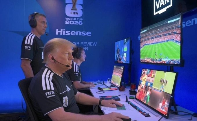 A man wearing a FIFA-branded shirt and headset sits at a VAR review station with multiple monitors showing football match footage, with 'FIFA WORLD CUP 2026 Hisense VAR REVIEW' branding visible on the blue background.