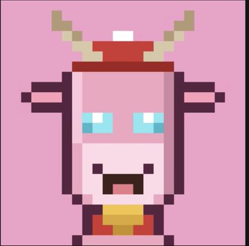 This pixel art depicts a pink, bull-like creature wearing a red hat and gold bell, representing a digital collectible that may be associated with the @CashmereLabs project mentioned in the post. The image visually embodies the NFT aspect being discussed.