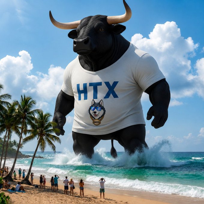A surreal digital illustration shows a massive black bull wearing a white t-shirt with "HTX" and a husky logo, standing in the ocean behind a beach where small figures of people watch, with palm trees and clouds in the background.