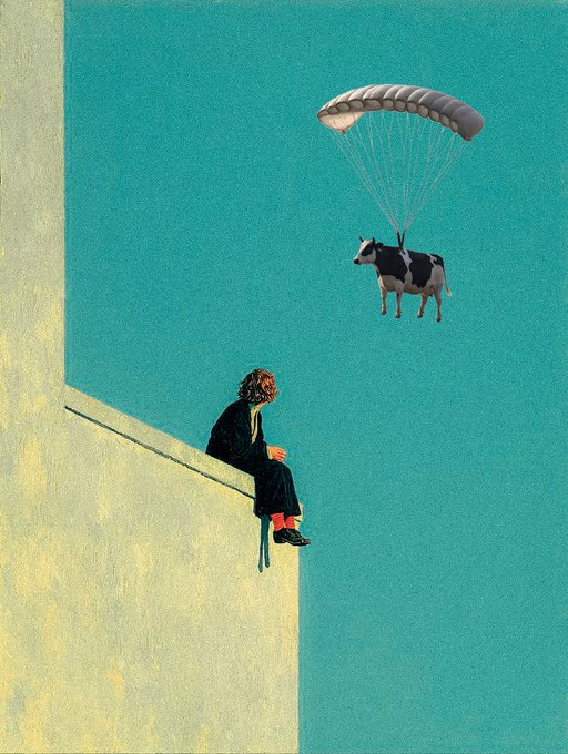 A surreal illustration of a person sitting on the edge of a high concrete wall while a cow parachutes down through a turquoise sky beside them.