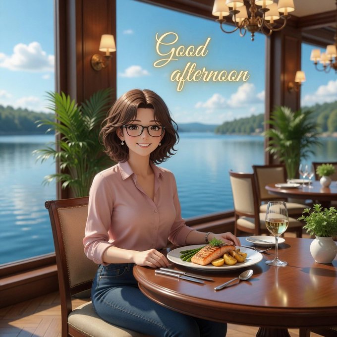 Stylized animated/AI-generated image of a smiling woman with glasses sitting at a lakeside restaurant table with a salmon and asparagus meal, accompanied by the text 'Good afternoon'.