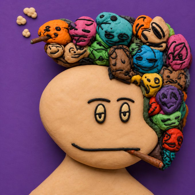 A 3D digital illustration of a character with colorful faces sculpted into their hair, smoking a cigar against a purple background.