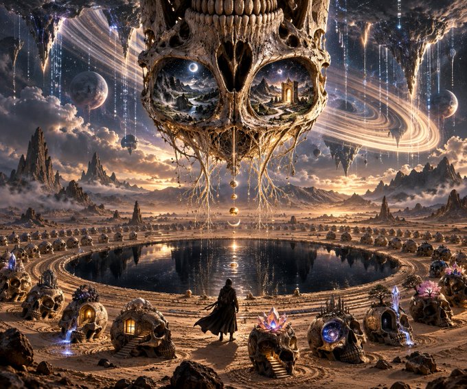 A surreal fantasy landscape featuring a giant floating skull with galaxy-filled eye sockets above a circular pool, surrounded by skull-shaped huts and a lone cloaked figure.