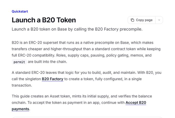 A documentation page titled "Launch a B20 Token" explaining how to deploy a B20 token on Base by calling the B20 Factory precompile, describing B20 as an ERC-20 superset native precompile with built-in roles, supply caps, pausing, and policy gating. The image serves as a visual reference for the step-by-step B20 token deployment guide mentioned in the post.