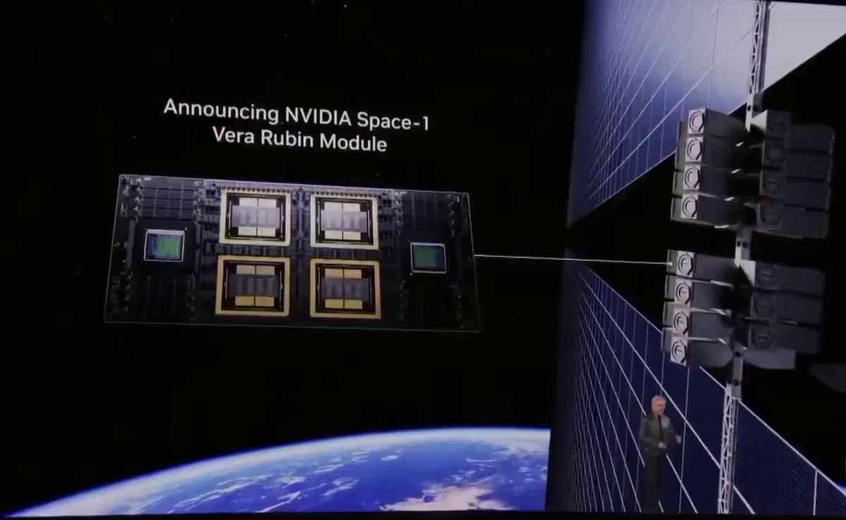 The image features a large screen with a video of a man standing next to a satellite, which appears to be a part of the "Nvidia Space-Vera Rubin Module" that has been officially announced by the company. The man seems to be giving a speech or presentation about this new project. The backdrop is a blue sky and earth, emphasizing the futuristic nature of the space exploration theme.