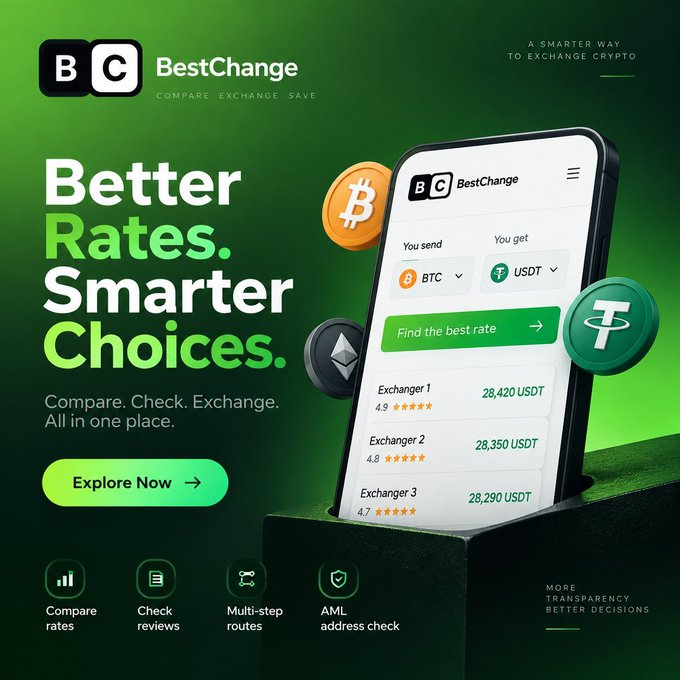 A promotional advertisement for BestChange with green background, showing a smartphone displaying BTC to USDT exchange comparison with rates like 'Exchanger 1 28,420 USDT', 'Exchanger 2 28,350 USDT', 'Exchanger 3 28,290 USDT', alongside Bitcoin, Tether, and Ethereum coin icons and text 'A SMARTER WAY TO EXCHANGE CRYPTO'.