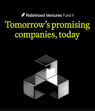 The image features a Robinhood Ventures Fund II promotional graphic with the tagline "Tomorrow's promising companies, today" displayed in yellow text against a black background, along with a metallic 3D cube logo. The post draws a visual parallel between this Robinhood logo and the logo styles of RWA and The Index ($INDEX), suggesting design similarities ahead of an August 3rd presentation.