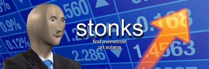 A meme image featuring the 'Stonks' meme man alongside text reading 'stonks - first memecoin on solana' against a background of rising stock numbers.