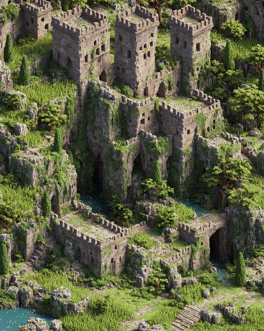 A 3D rendered image of an overgrown stone castle complex built into a rocky, grassy hillside with a small stream running through it.