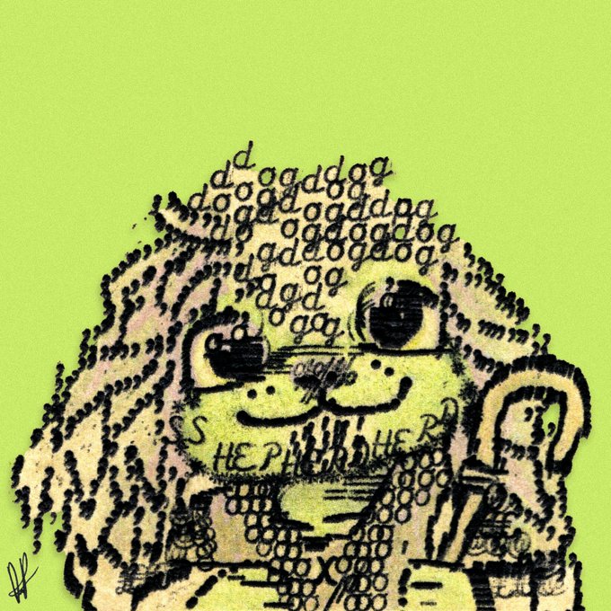 A surreal, doodle-style illustration of a fluffy creature with a grumpy, textured face rendered in black ink, with the words 'SHEPHERD' visible on a small label, set against a bright neon green background.