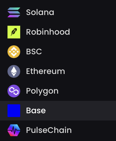 A cryptocurrency wallet or exchange interface displays a list of supported blockchain networks including Solana, Robinhood, BSC, Ethereum, Polygon, Base, and PulseChain, with Base highlighted as the currently selected option, fitting the post's reference to Base's activity level.