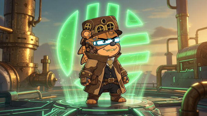 Cartoonish mascot character wearing a steampunk top hat, goggles, and trench coat, standing on a glowing green platform in an industrial setting.