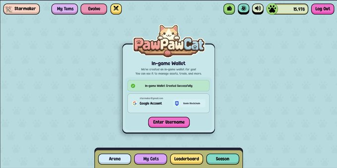 A screenshot of the 'PawPawCat' game interface showing an 'In-game Wallet' popup with options for Google Account and Base Blockchain, with a currency balance of 15,976.