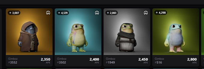 A digital storefront displays four different 'Gimbolz' character NFTs, each with varying prices in APE cryptocurrency and unique attributes.