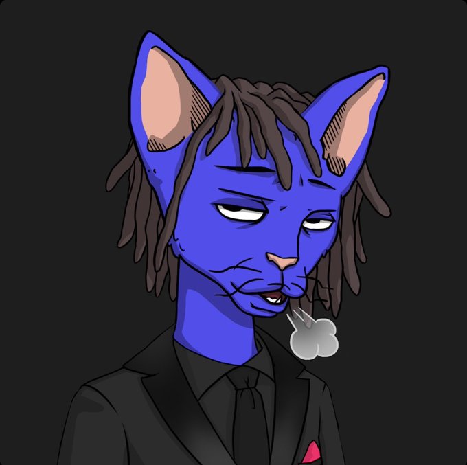 A digital drawing of a blue anthropomorphic cat character with dreadlocks wearing a black suit and tie, exhaling a puff of smoke.