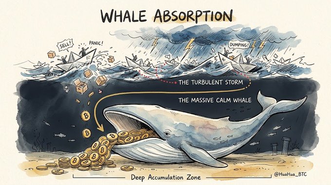 Watercolor illustration titled 'WHALE ABSORPTION' depicting a massive whale labeled 'THE MASSIVE CALM WHALE' collecting Bitcoin from chaotic boats in 'THE TURBULENT STORM' during a 'Deep Accumulation Zone' (credit: @HuaHua_BTC).