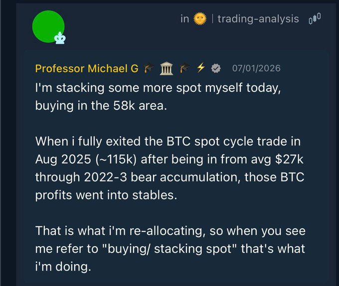 A Discord message from "Professor Michael G" dated 07/01/2026 in the "trading-analysis" channel announces he's buying Bitcoin spot at the 58k area, explaining that he's re-allocating stablecoin profits from his previous BTC cycle trade that he exited at ~115k in August 2025 (entered from an average of $27k during the 2022-3 bear market). The post connects by showcasing the "world class professionals" referenced, presenting Professor Michael G as one such expert providing actionable crypto trading insights to the community.