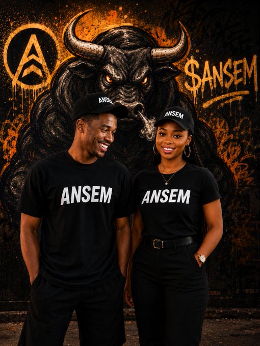 A smiling couple wearing black "ANSEM" t-shirts and matching "ANSEM" caps pose together in front of a dramatic bull mural featuring the $ANSEM branding, visually reinforcing the post's bullish sentiment about the project's forward direction and community-driven growth.